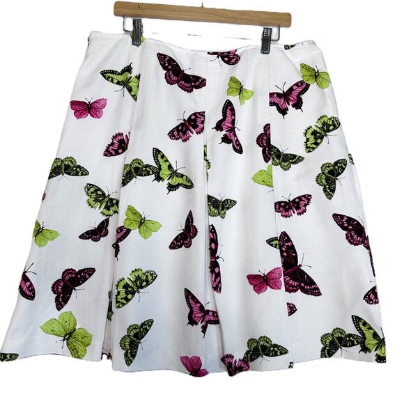 Talbots Skirt‎ Women’s Sz 16 Ivory White w/Green-Pink Butterflies A-Line Pleated - Picture 5 of 12